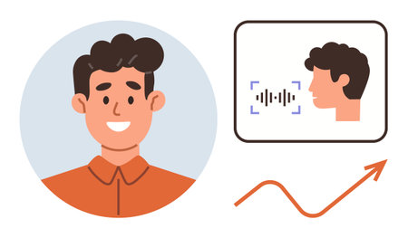 Smiling man, voice recognition wave, head profile, and rising chart. Ideal for technology, AI, personal development, education, digital learning self-improvement simple flat metaphorのイラスト素材