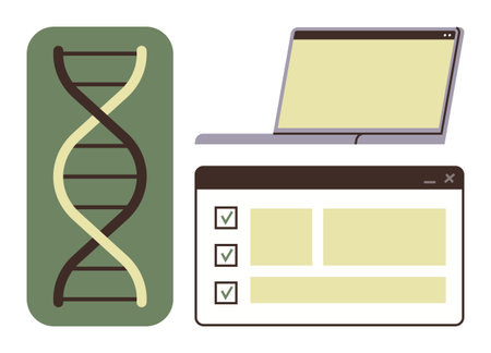 DNA strand, laptop, and a checklist window suggest themes thumbs up research, genetics, analysis,...