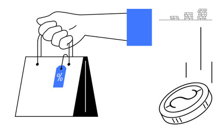 Hand holding shopping bag with discount tag, falling coin, and stacked coins symbolizing shopping, sales, and savings. Ideal for marketing, retail, finance, economy e-commerce budgeting simpleのイラスト素材