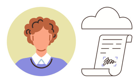 Persons avatar beside digital contract and cloud icon. Ideal for e-signature, remote work, digital identity, data security, technology, online services, legal contracts. Simple flat metaphorのイラスト素材
