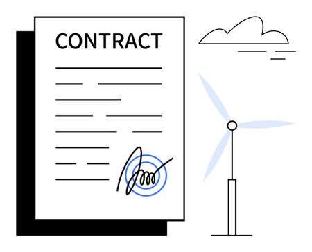Signed contract alongside wind turbine and cloud imagery representing eco-friendly agreement, green energy, and sustainability. Ideal for renewable energy, business, environmental policyのイラスト素材