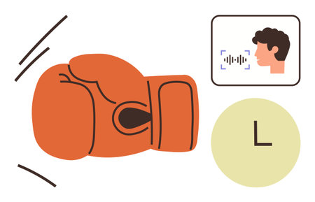 Boxing glove in motion, voice recognition icon with sound waves, and clock face. Ideal for sports, technology, time management, communication, competition innovation and digital tools. Simple flatのイラスト素材