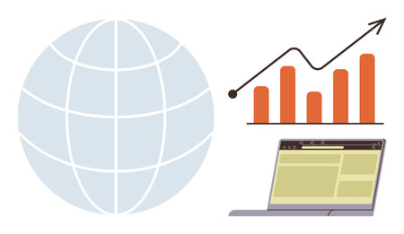 Globe with latitude and longitude lines next to upward graph and laptop screen. Ideal for analytics, business growth, global connection, technology, digital marketing, strategy, innovation. Simpleのイラスト素材