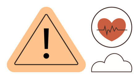 Triangle warning sign, heartbeat monitor represented by a heart with a pulse line, and a cloud outline. Ideal for health, safety, alert, wellness, medical risks, technology awareness simple flatのイラスト素材
