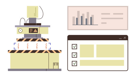 Industrial equipment monitoring vibrations, data displayed on a graph dashboard, with task checklist. Ideal for manufacturing, engineering, automation, analytics, data tracking, safety processのイラスト素材