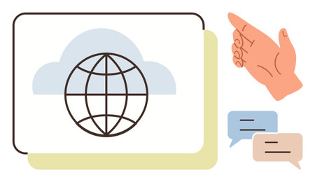 Globe in a cloud on a screen, a gesturing hand, and speech bubbles. Ideal for technology, networking, communication, collaboration, global connection education teamwork. Simple flat metaphorのイラスト素材