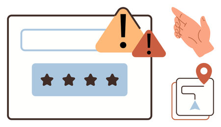 Password input with stars and warning signs, pointing hand, and location map pointer. Ideal for security, navigation, caution, access, user preview location guidance concepts. Simple flat metaphorのイラスト素材