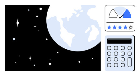 Planet Earth in space beside a calculator and performance metrics graphic. Ideal for global...