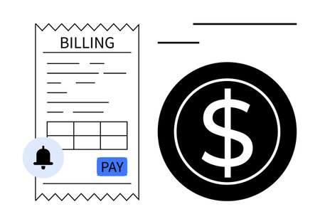Billing receipt with details, notification bell icon, and large dollar sign representing payment. Ideal for finance, online payment, bill tracking, accounting, money management, alerts simple flatのイラスト素材