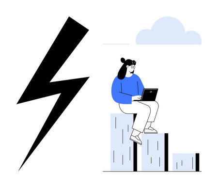 Woman sitting on bar graph columns using laptop, next to lightning bolt. Ideal for growth, creativity, energy, innovation, data analysis, business strategy problem-solving. Simple flat metaphorのイラスト素材