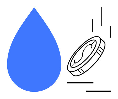 Large blue water droplet and falling coin convey finance, water conservation, resource value, or sustainability. Ideal for finance, environment, utilities, cost-efficiency, awareness eco-friendlyのイラスト素材