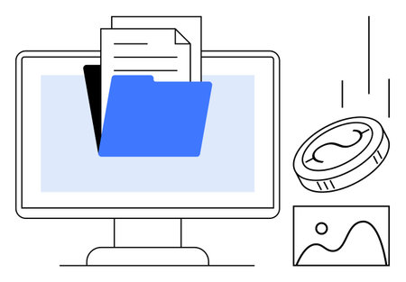 Computer screen displaying a folder with documents, coin, and photo icon symbolizing digital organization. Ideal for data storage, file sharing, cloud services, online payments, content managementのイラスト素材