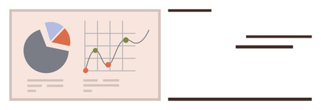 Pie chart and line graph displayed on a workspace dashboard accompanied by sections for textual content. Ideal for analytics, business, finance, growth, report, presentation, simple flat metaphorのイラスト素材