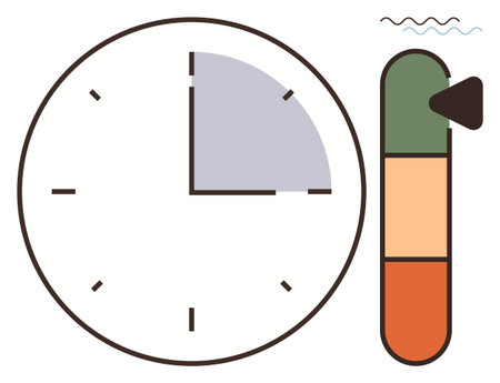 Clock showing a quarter time segment and progress bar with green, orange, and red levels. Ideal for time management, productivity, deadlines, process tracking, efficiency, prioritization simple flatのイラスト素材