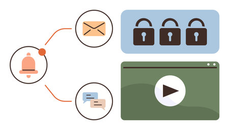 Bell icon with mail and chat notifications connected, padlocks for data security, and video play window. Ideal for communication, alerts, security, streaming, apps, UI design simple flat metaphorのイラスト素材