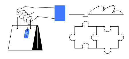 Hand carrying shopping bag with discount tag, next to two puzzle pieces and abstract cloud line. Ideal for shopping, business strategy, teamwork, problem-solving, marketing, discounts, simplicityのイラスト素材