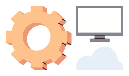 Gear, cloud, and computer display highlight technological innovation, system processes, and cloud infrastructure. Ideal for business, IT, development, networking computing data simple flatのイラスト素材