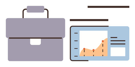 Purple briefcase alongside analytics dashboard featuring a line graph with data points and statistics. Ideal for business, analysis, strategy, productivity, management, marketing, data insightsのイラスト素材