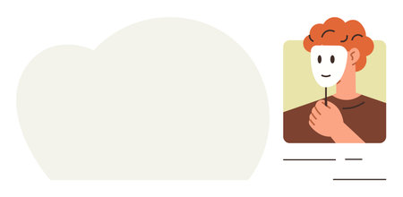 Individual with red hair holds a mask over their face, symbolizing dual personality, hidden identity, or authenticity. Ideal for psychology, identity, deception, disguise mystery emotion. Cleanのイラスト素材