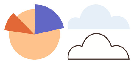 Circular pie chart with multiple segments representing data analysis next to simple cloud shapes. Ideal for analytics, cloud computing, data storage, statistics, weather, business, education. Aのイラスト素材
