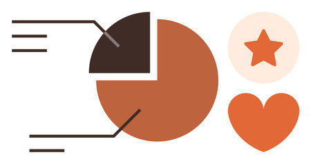Pie chart with labels, a star, and a heart symbolizing data analysis, performance, and positive feedback. Ideal for analytics, customer satisfaction, business insights, market research teamworkのイラスト素材