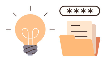 Light bulb symbolizing creativity with a file folder containing documents and a password entry bar. Ideal for innovation, security, organization, technology, data protection, privacy, simple flatのイラスト素材