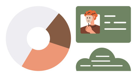 Pie chart with three segments beside a user profile card and text box in flat design. Ideal for team management, data analytics, business, communication, profile design, user interface, simple flatのイラスト素材