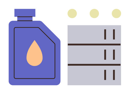 Blue oil container with drop icon next to stacked storage racks and labeled panels. Ideal for industry, production, manufacturing, maintenance, safety, inventory, simple flat metaphorのイラスト素材