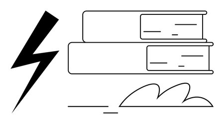 Lightning bolt beside stacked books with subtle cloud outline. Ideal for education, creativity, energy, knowledge, learning, motivation, innovation simplicity. Minimalist flat metaphorのイラスト素材