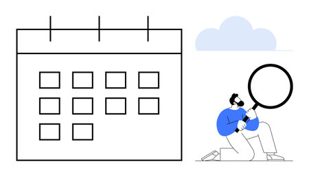 Calendar with date boxes and a figure holding a magnifying glass, emphasizing analysis, scheduling, organization, time management, deadlines, productivity, future strategy, simple flat metaphorのイラスト素材