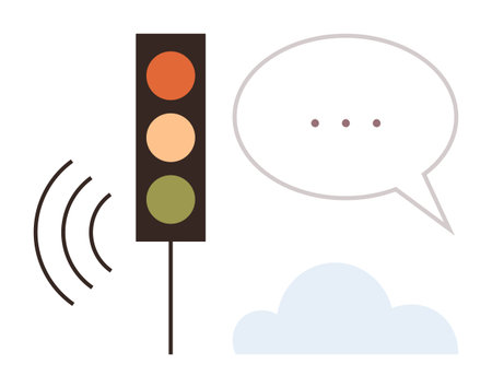 Traffic light with red, yellow, and green signals emitting sound waves, next to speech bubble and cloud. Ideal for safety, communication, technology, awareness, interaction innovation trafficのイラスト素材
