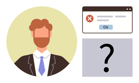 Businessman in formal attire alongside an error message window and a question mark. Ideal for IT issues, problem-solving, troubleshooting, guidance, business challenges, decision-makingのイラスト素材