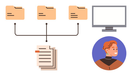 Three connected file folders leading to documents, a computer monitor, and a smiling user avatar. Ideal for data management, organization, remote work, digital storage, collaboration, educationのイラスト素材
