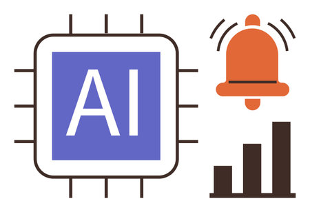 AI chip with circuits, orange alert bell, and bar chart showing growth. Ideal for innovation, analytics, automation, alerts, progress technology and artificial intelligence concepts. Simple flatのイラスト素材