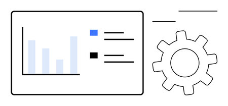 Bar chart and list elements in a display panel next to a gear icon. Ideal for analytics, process...