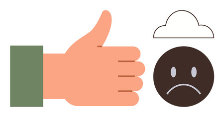 Hand giving a thumbs-up next to a sad face with a cloud. Ideal for feedback, encouragement, emotion, mental health, motivation, teamwork, and self-improvement concepts. Simple flat metaphorのイラスト素材