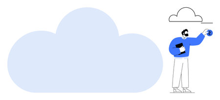Man holding tablet interacts with cloud storage icon, symbolizing data management, technology, and digital networks. Ideal for cloud computing, IT services, workflow, online backups, innovationのイラスト素材
