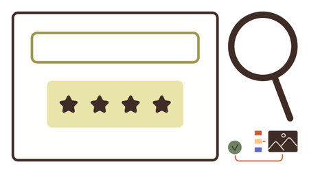 Search bar with magnifying glass, four-star rating system, and icons symbolizing results analysis. Ideal for review, feedback, search, analytics, evaluation quality check user experience. Simpleのイラスト素材