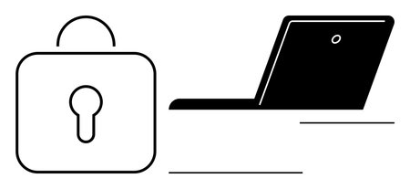 Large lock beside an open laptop representing cybersecurity, online privacy, data encryption, and secure networks. Ideal for technology, security, IT concepts, digital safety, software protectionのイラスト素材