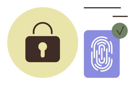Lock icon, fingerprint scanner on card, and green checkmark emphasize identity verification and security. Ideal for cybersecurity, password protection, digital security, identity accessのイラスト素材