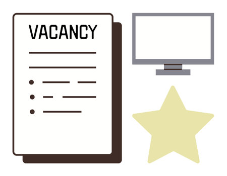 Job vacancy document with bullet points, computer monitor, and star symbolizing professional opportunities. Ideal for recruitment, hiring process, office jobs, HR systems, career promotions, jobのイラスト素材