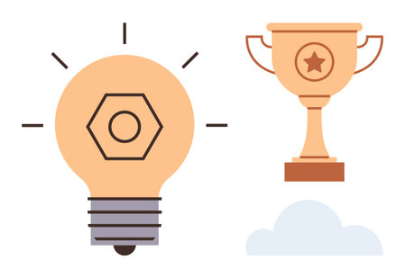 Lightbulb with glowing rays, golden trophy with star emblem, and fluffy cloud. Ideal for innovation, creativity, achievement, success, goal setting motivation teamwork. Simple flat metaphorのイラスト素材