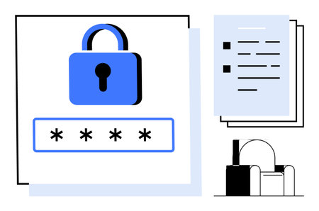 Blue padlock above password field with asterisks, checklist items, and chair element. Ideal for data security, privacy, authentication, online account safety, digital protection, encryptionのイラスト素材