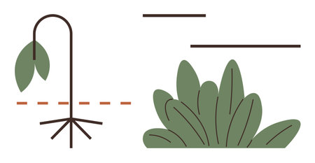 Wilted plant with drooping leaf contrasts vibrant green bush. Ideal for themes thumbs up growth, decline, nature, sustainability, resilience, renewal, environment. Simple flat metaphorのイラスト素材