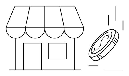 Small shop with a striped awning next to a falling coin. Ideal for business, retail, finance, e-commerce, entrepreneurship, investments, and savings. Represents a simple flat metaphorのイラスト素材