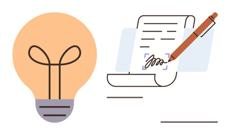 Light bulb next to a signed document with pen symbolizing creativity, innovation, agreements, or intellectual property. Ideal for creativity, contracts, innovation, agreements, business copyrightのイラスト素材