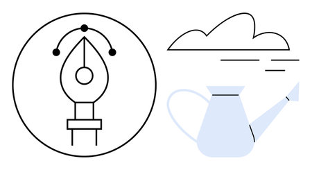 Pen tool symbol in circle next to watering can and cloud, representing creativity, growth, and inspiration. Ideal for design, innovation, brainstorming, motivation, cultivation progress educationのイラスト素材