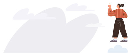 Woman stands confidently, pointing upward amidst light clouds, suggesting an aspirational goal. Ideal for ambition, determination, self-belief, empowerment, vision purpose personal growth. Simpleのイラスト素材