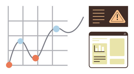 Line graph with nodes, warning panel, and digital dashboard highlights trends, issues, data reports. Ideal for analytics, business, statistics, risk information growth simple flat metaphorのイラスト素材