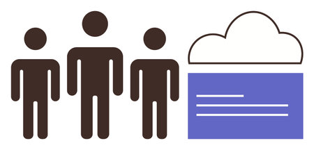 Three figures beside a cloud with data sheets, representing teamwork, cloud storage, and information...
